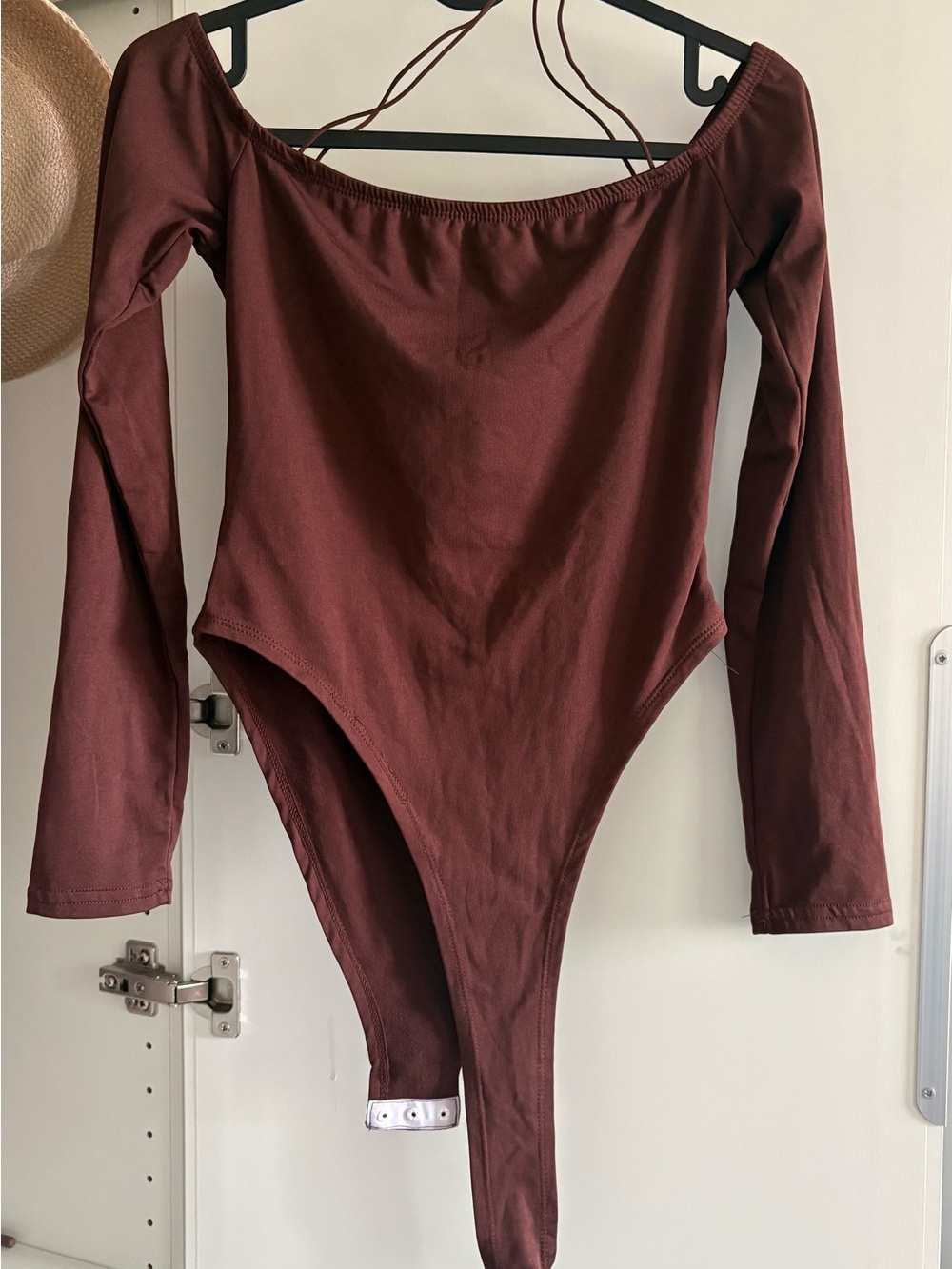 Cider Long Sleeve Off-Shoulder Bodysuit in Deep Brown